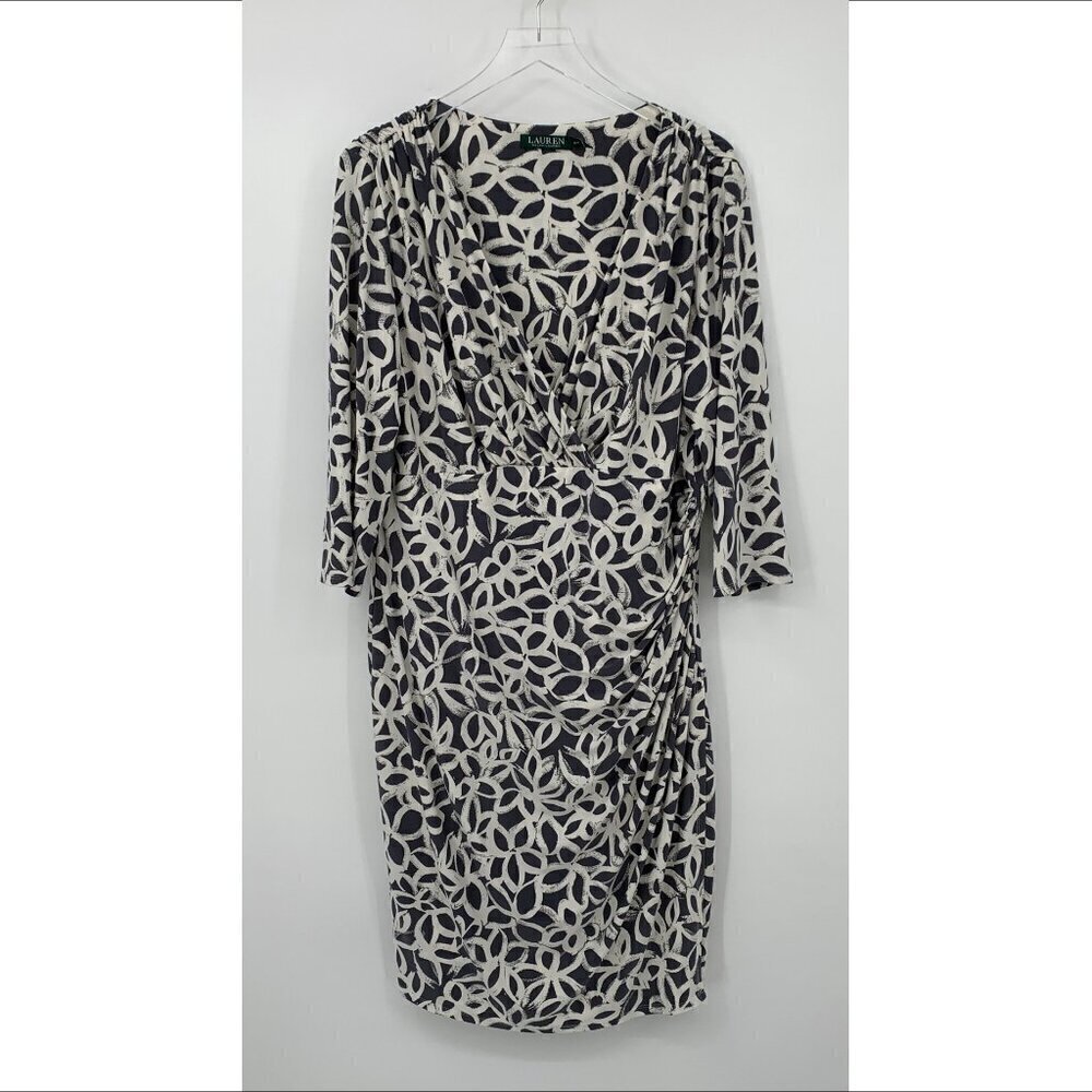 LRL Ralph Lauren jersey knit faux wrap dress gray white floral stretch plus 18W